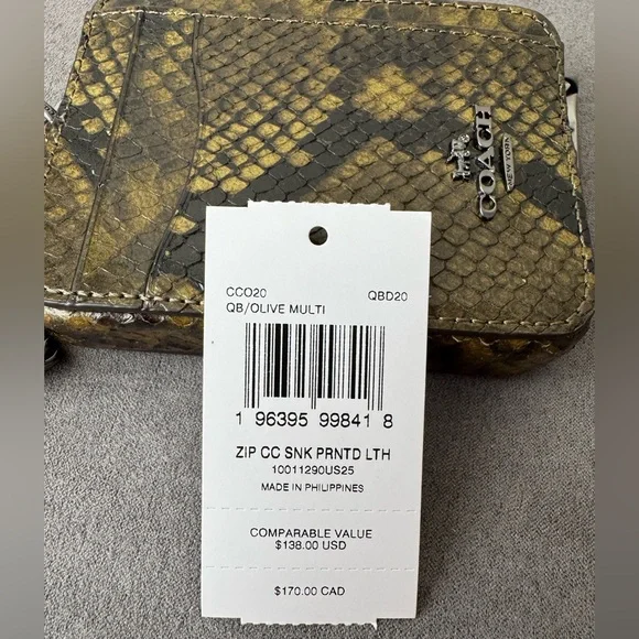 Coach Olive and Black Snake Zip Card Case Wallet New - Picture 7 of 7